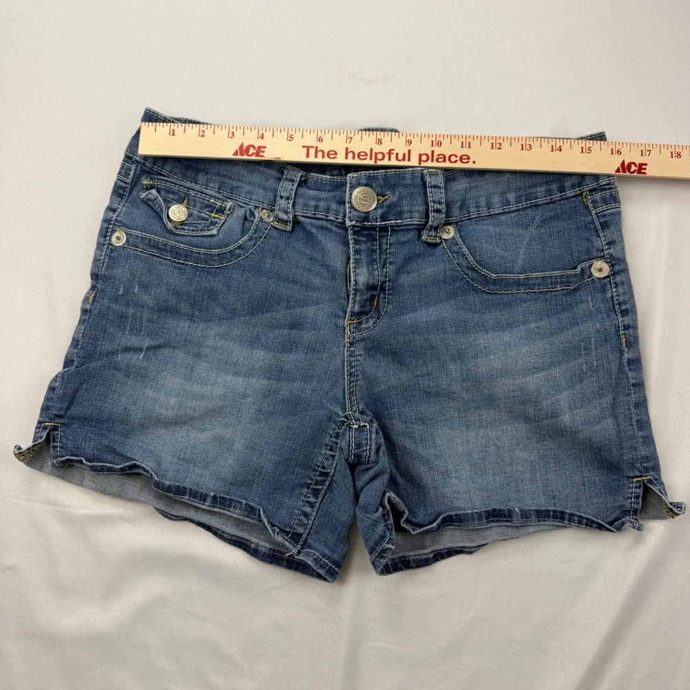 Seven7 Denim Shorts Womens 12 Blue Medium Wash Stretch Embroidered Flap Pocket